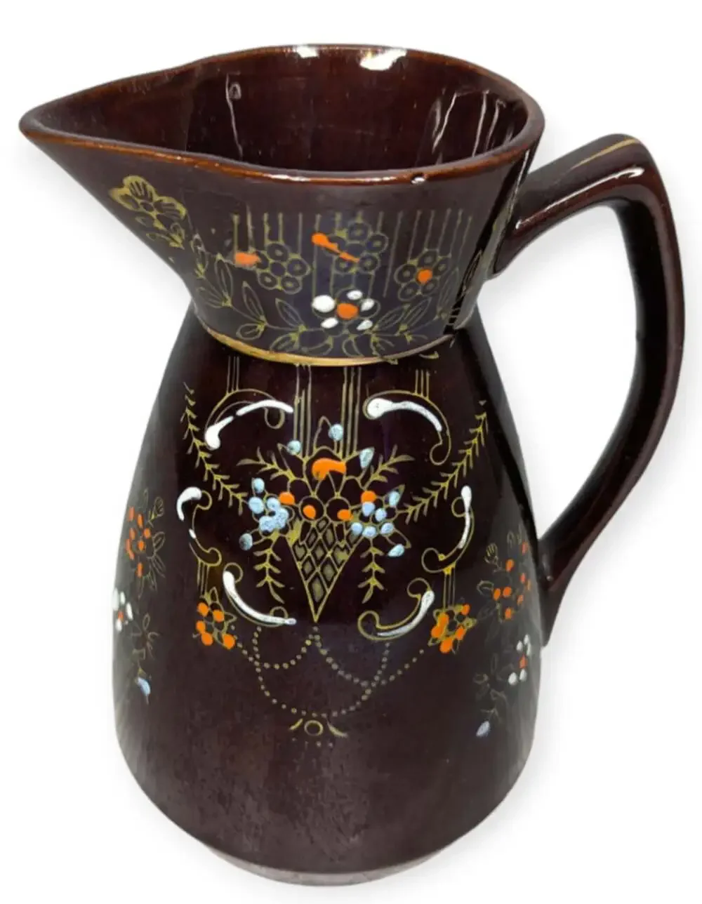 Vintage Moriage Red Wear Hand Painted Brown Glazed Decorative Pitcher 6.5